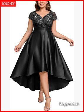 Plus Size Sequin Lace Satin A-Line High Low Prom Formal Dress
